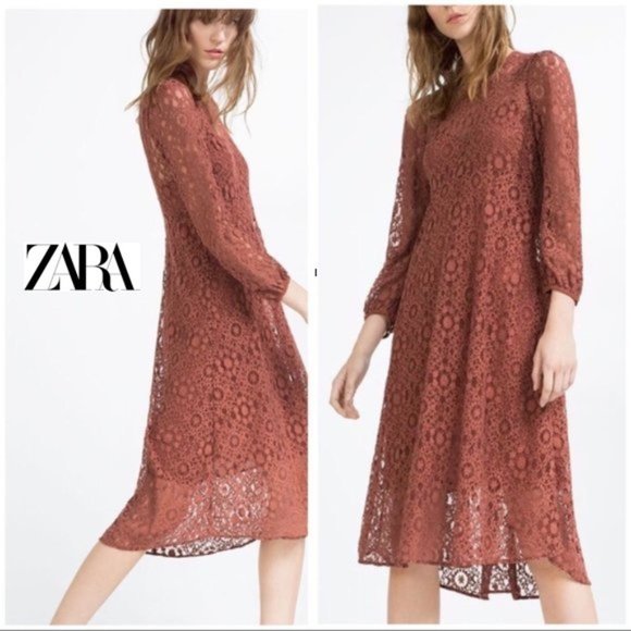 NWT $70 ZARA Women S Terracotta Lace Overlay Cami Midi Dress Bohemian Elegant - Picture 1 of 13